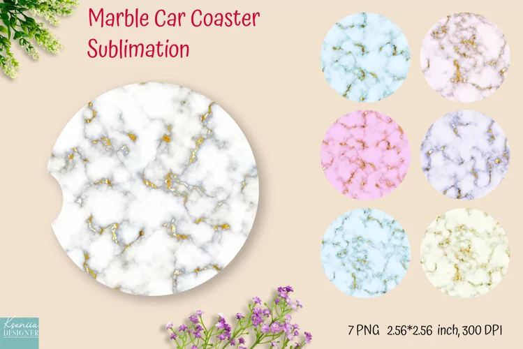 Glitter Marble Car Coaster Sublimation. Stone Texture PNG