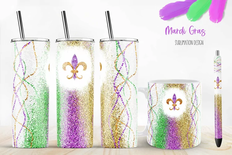 Glitter Mardi Gras Beads. Tumbler And Mug Sublimation Design