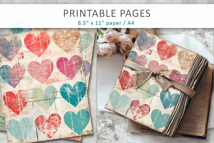 Hearts vintage paper junk journal pages