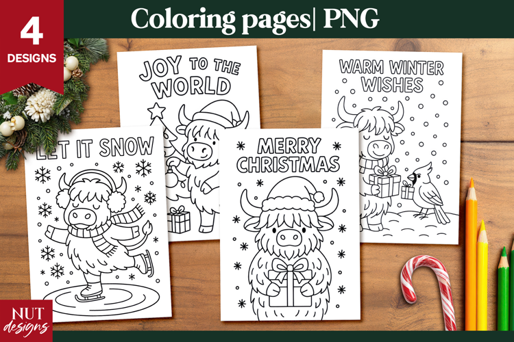 Christmas Highland Cow Coloring Pages for Kids printable