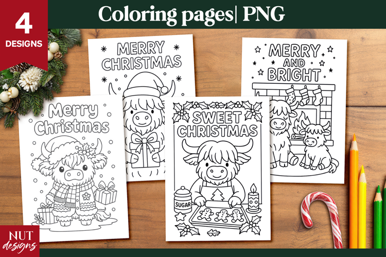 Christmas Highland Cow Coloring Pages for Kids printable