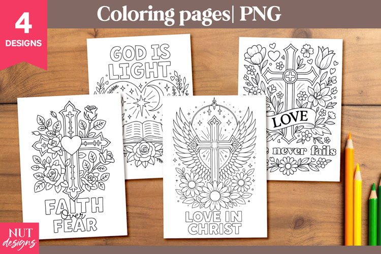 Christian Coloring Pages PNG Christian cross and flowers