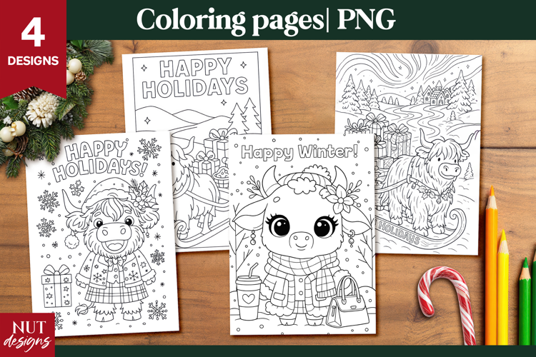 Christmas Highland Cow Coloring Pages for Kids printable