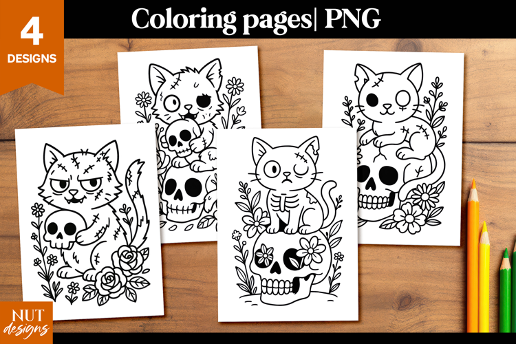 Halloween cat coloring pages Zombie Cat Skull Coloring Pages
