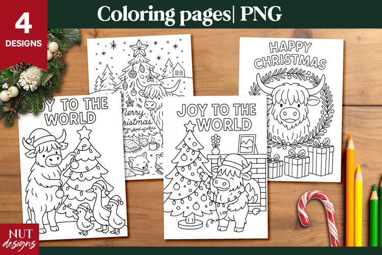 Christmas Highland Cow Coloring Pages for Kids printable