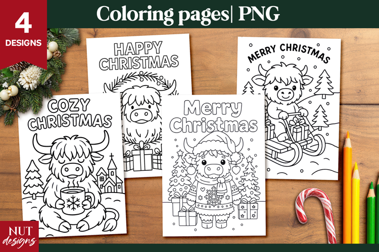 Christmas Highland Cow Coloring Pages for Kids printable