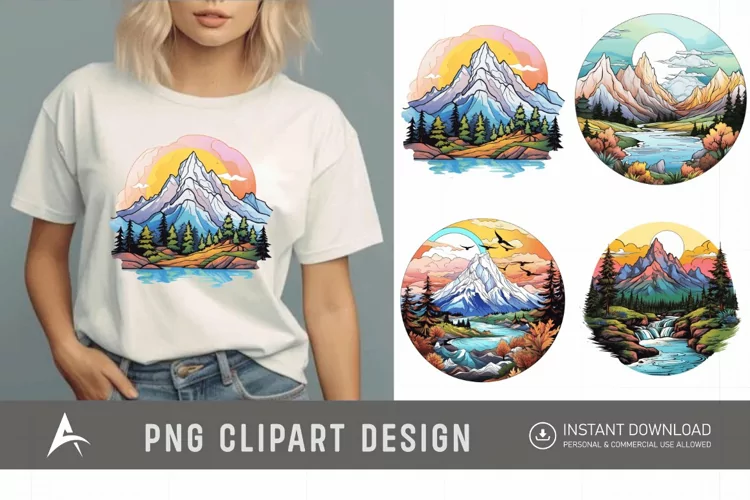 Watercolor Color Serene Mountain Landscape Clipart