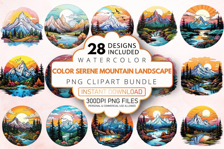Watercolor Color Serene Mountain Landscape Clipart Bundle
