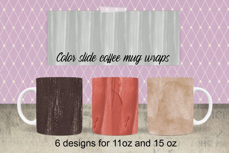designs for coffee mugs in 6 colors from red to brown