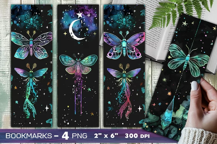 Lunar moth bookmark, Magic moth and moon watercolor bookmark