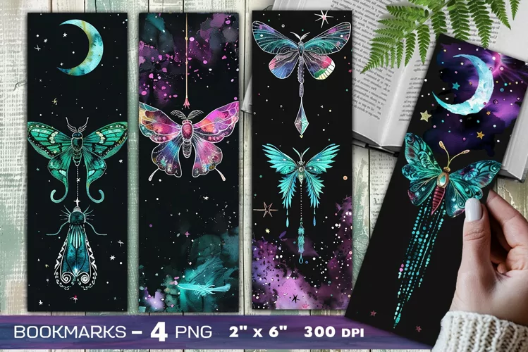 Lunar moth bookmark, Magic moth and moon watercolor bookmark