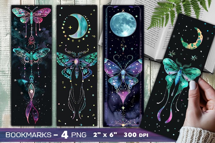 Lunar moth bookmark, Magic moth and moon watercolor bookmark example image 1