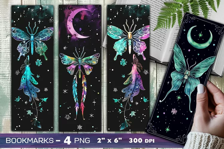 Lunar moth bookmark, Magic moth and moon watercolor bookmark