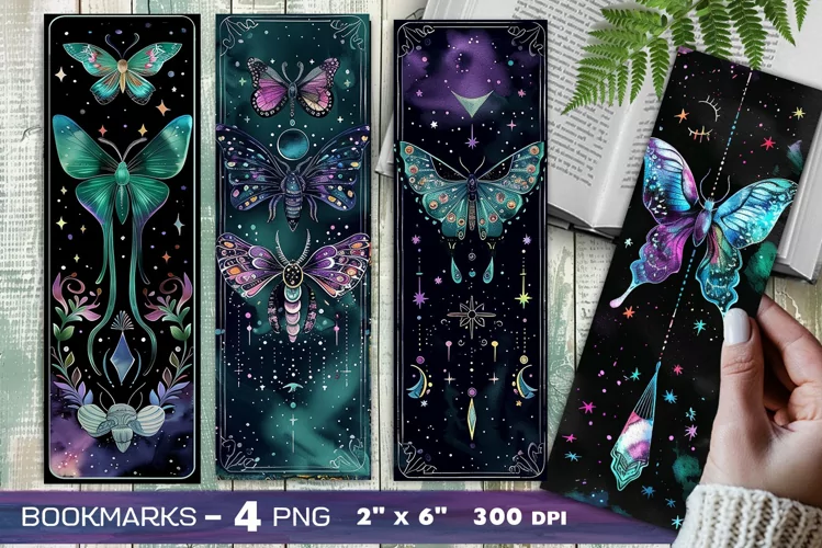 Lunar moth bookmark, Magic moth and moon watercolor bookmark