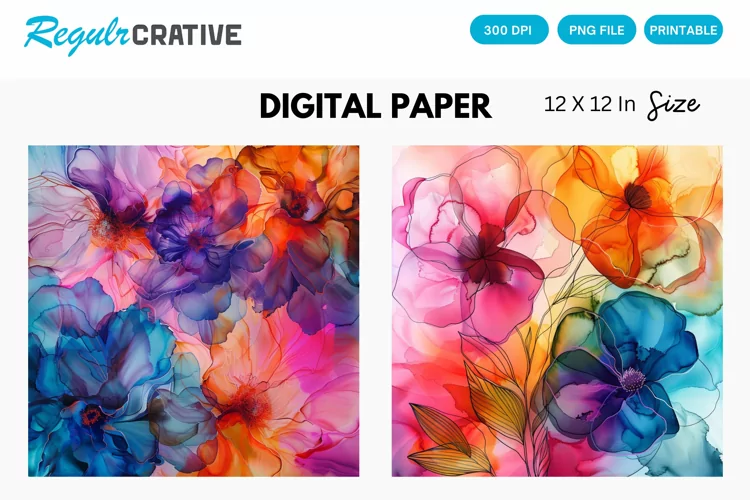 Colorful Alcohol Ink Floral Digital Paper