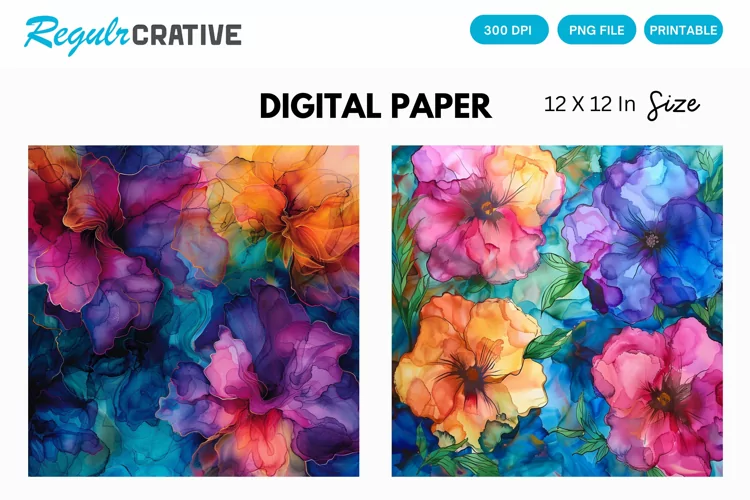 Colorful Alcohol Ink Floral Digital Paper