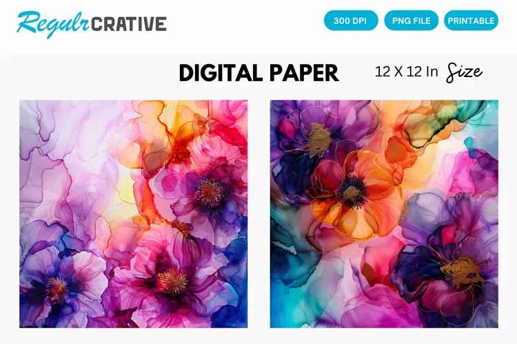 Colorful Alcohol Ink Floral Digital Paper