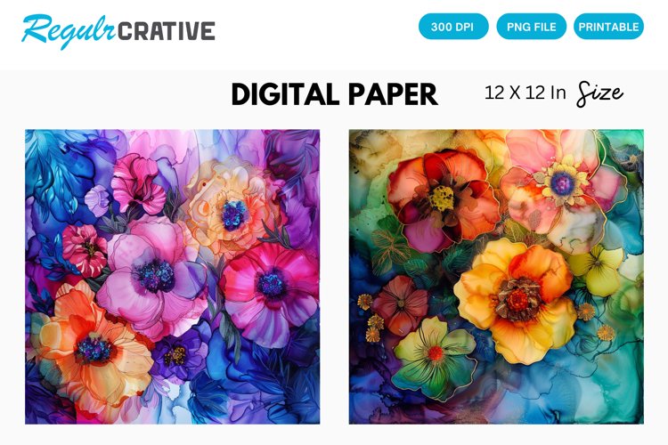 Colorful Alcohol Ink Floral Digital Paper