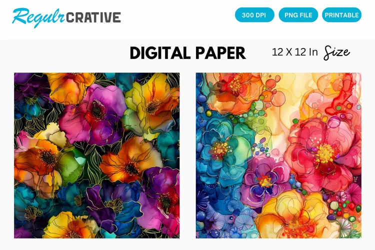Colorful Alcohol Ink Floral Digital Paper