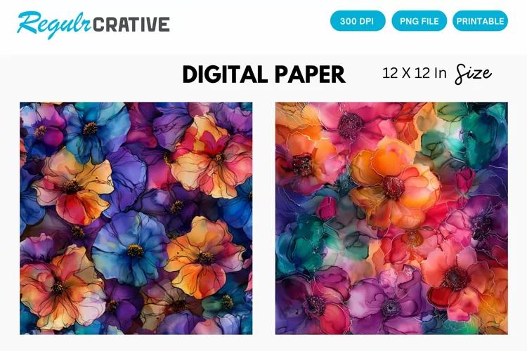 Colorful Alcohol Ink Floral Digital Paper