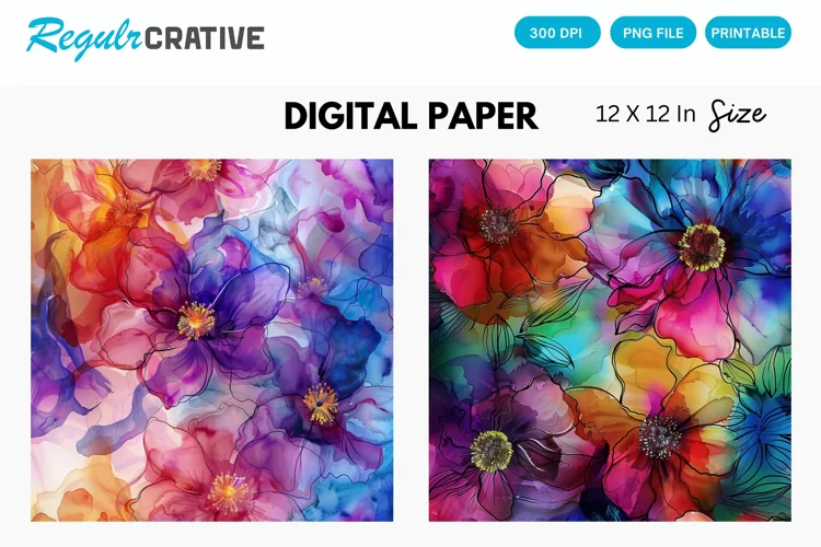 Colorful Alcohol Ink Floral Digital Paper