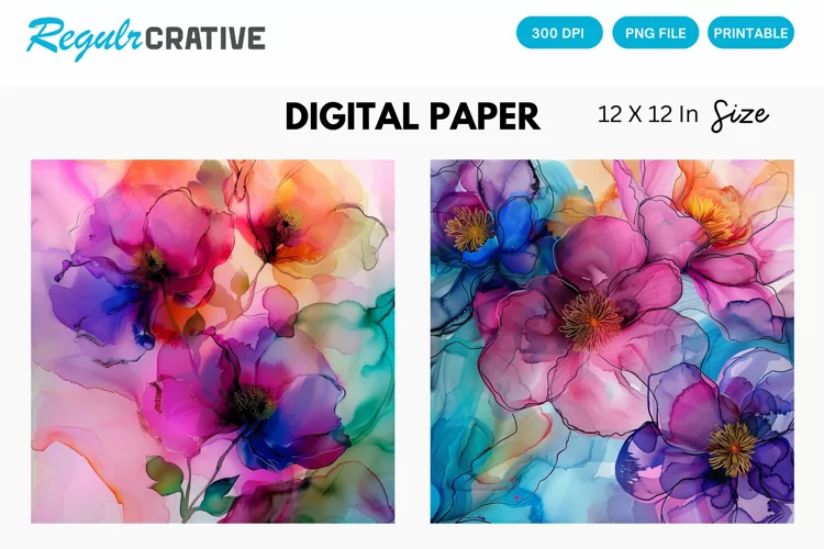 Colorful Alcohol Ink Floral Digital Paper