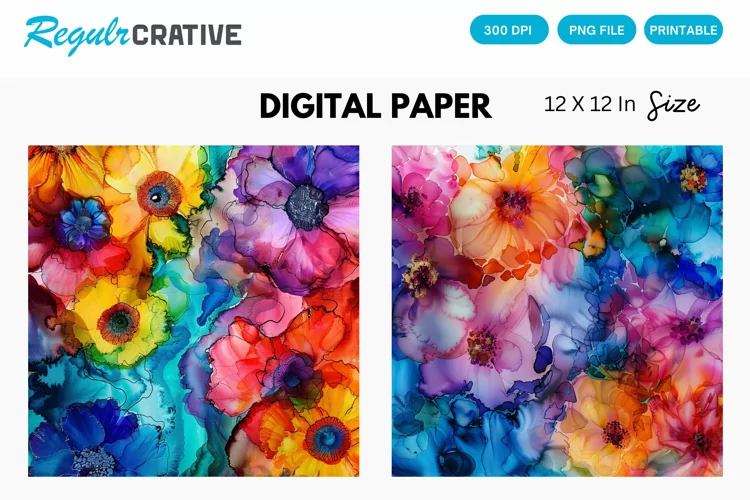 Colorful Alcohol Ink Floral Digital Paper