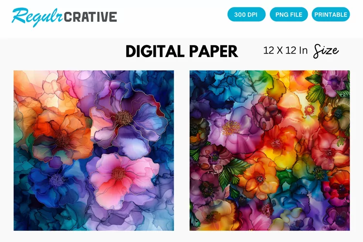 Colorful Alcohol Ink Floral Digital Paper
