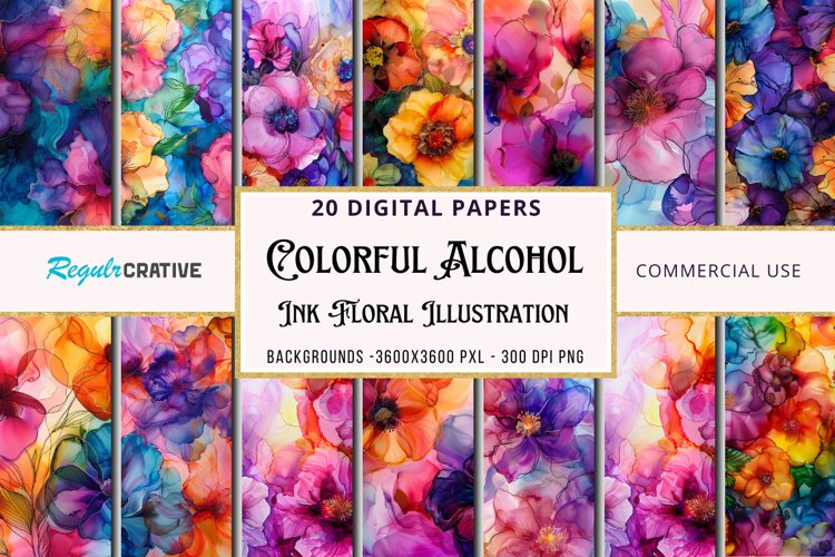 Colorful Alcohol Ink Floral Digital Paper Bundle