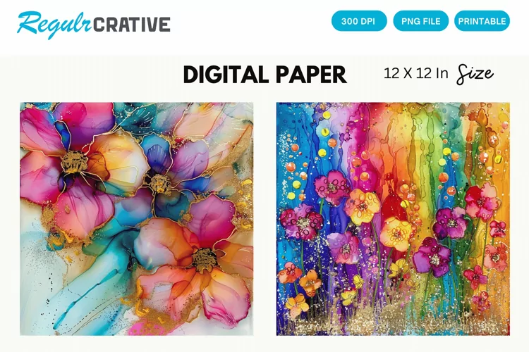 Colorful Alcohol Ink Flowers And Glitter Digital Paper