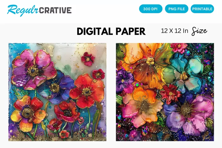 Colorful Alcohol Ink Flowers And Glitter Digital Paper