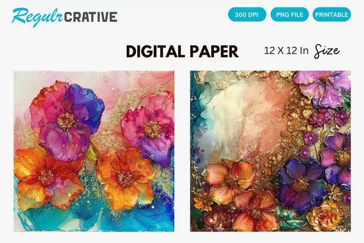 Colorful Alcohol Ink Flowers And Glitter Digital Paper