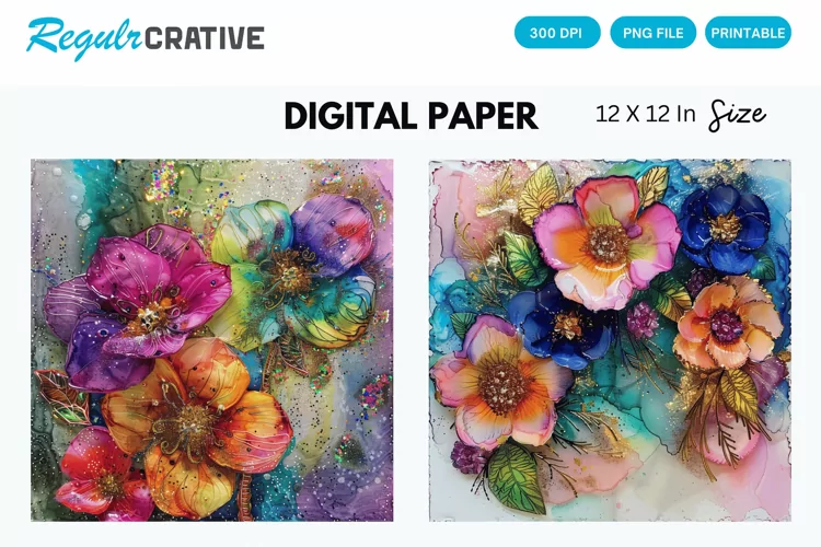 Colorful Alcohol Ink Flowers And Glitter Digital Paper
