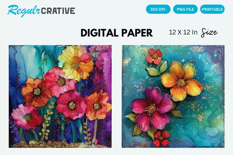Colorful Alcohol Ink Flowers And Glitter Digital Paper