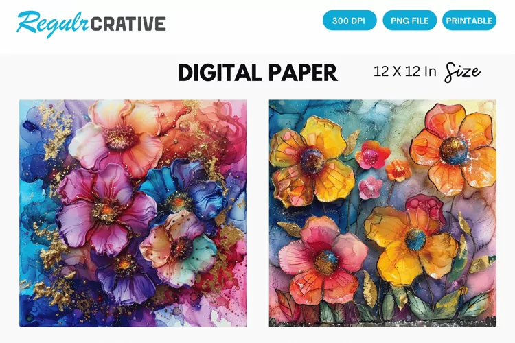 Colorful Alcohol Ink Flowers And Glitter Digital Paper
