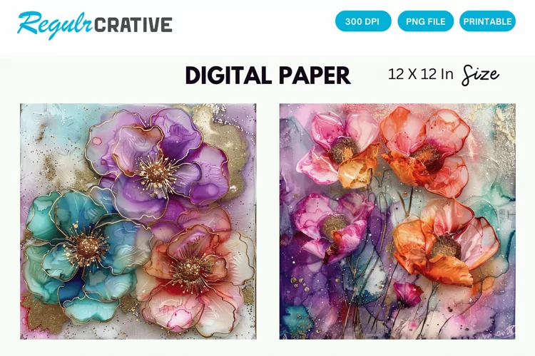 Colorful Alcohol Ink Flowers And Glitter Digital Paper