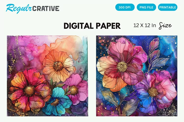 Colorful Alcohol Ink Flowers And Glitter Digital Paper