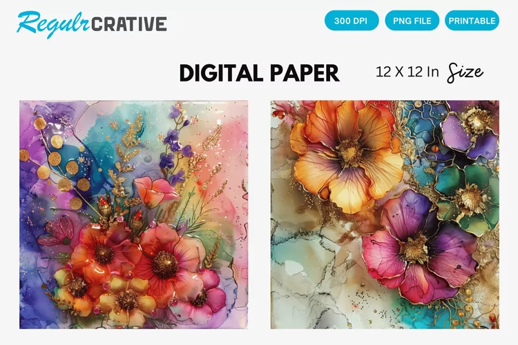 Colorful Alcohol Ink Flowers And Glitter Digital Paper