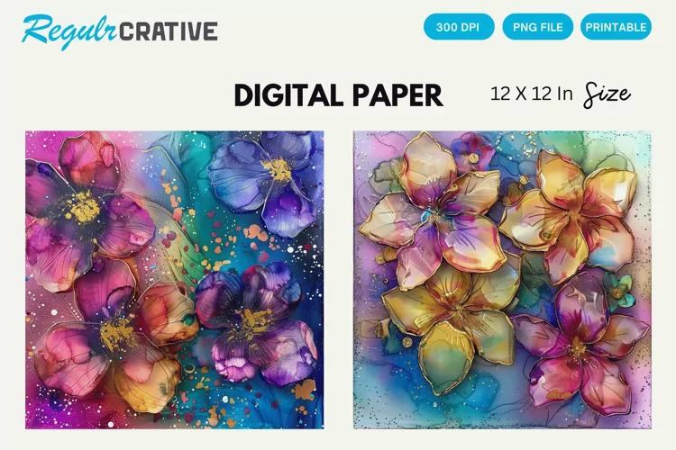 Colorful Alcohol Ink Flowers And Glitter Digital Paper