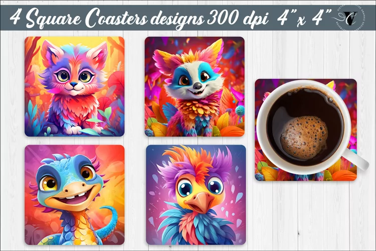 Square Coasters | Coloful animals sublimation