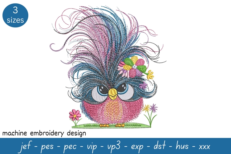 Colorful bird embroidery design - funny pattern