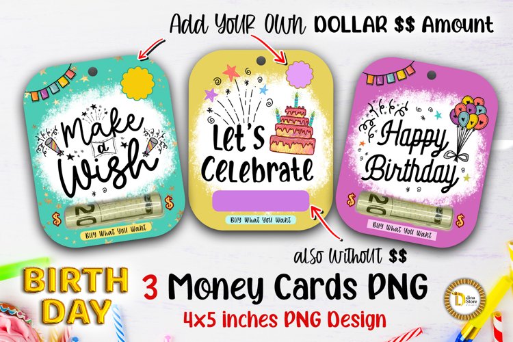 Colorful Birthday Money Card PNG 3 Designs