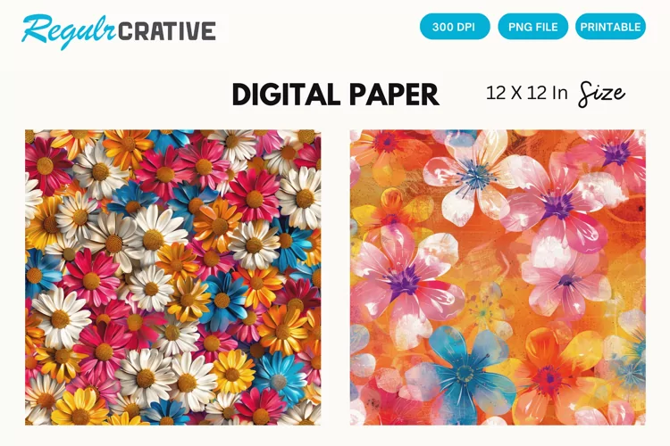 Colorful Blossom Flowers Seamless Digital Paper