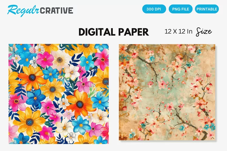 Colorful Blossom Flowers Seamless Digital Paper