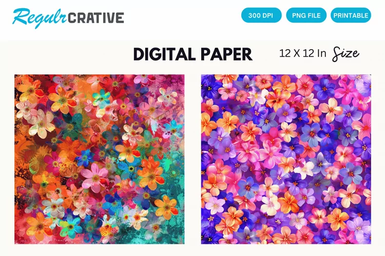 Colorful Blossom Flowers Seamless Digital Paper