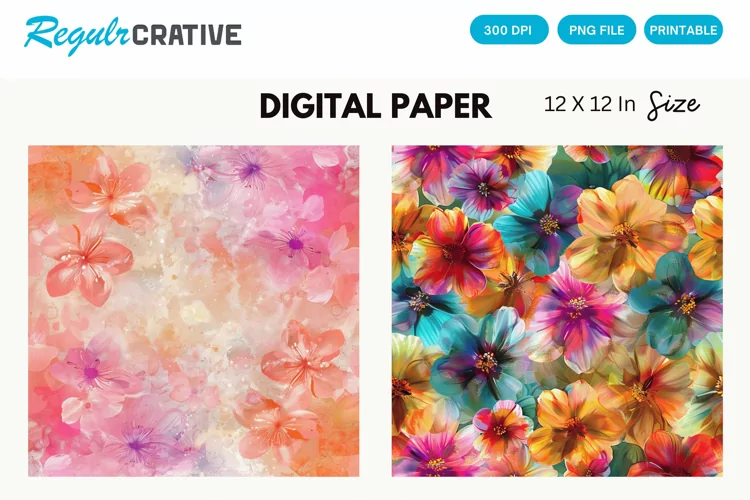 Colorful Blossom Flowers Seamless Digital Paper