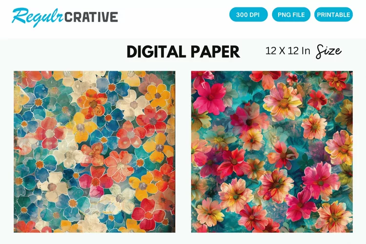 Colorful Blossom Flowers Seamless Digital Paper