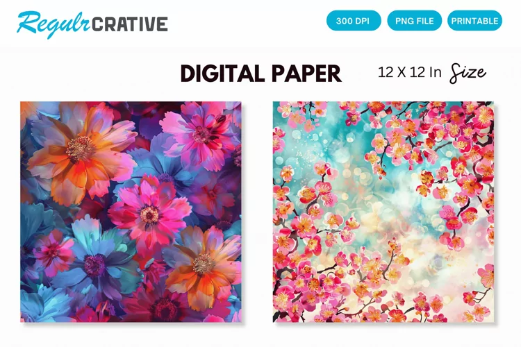 Colorful Blossom Flowers Seamless Digital Paper