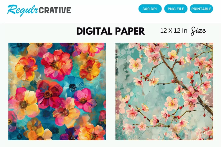 Colorful Blossom Flowers Seamless Digital Paper