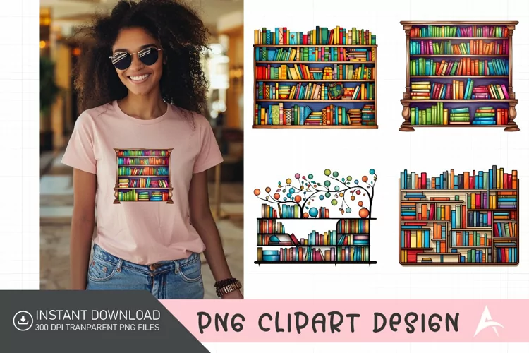 Watercolor Colorful Bookshelf Clipart